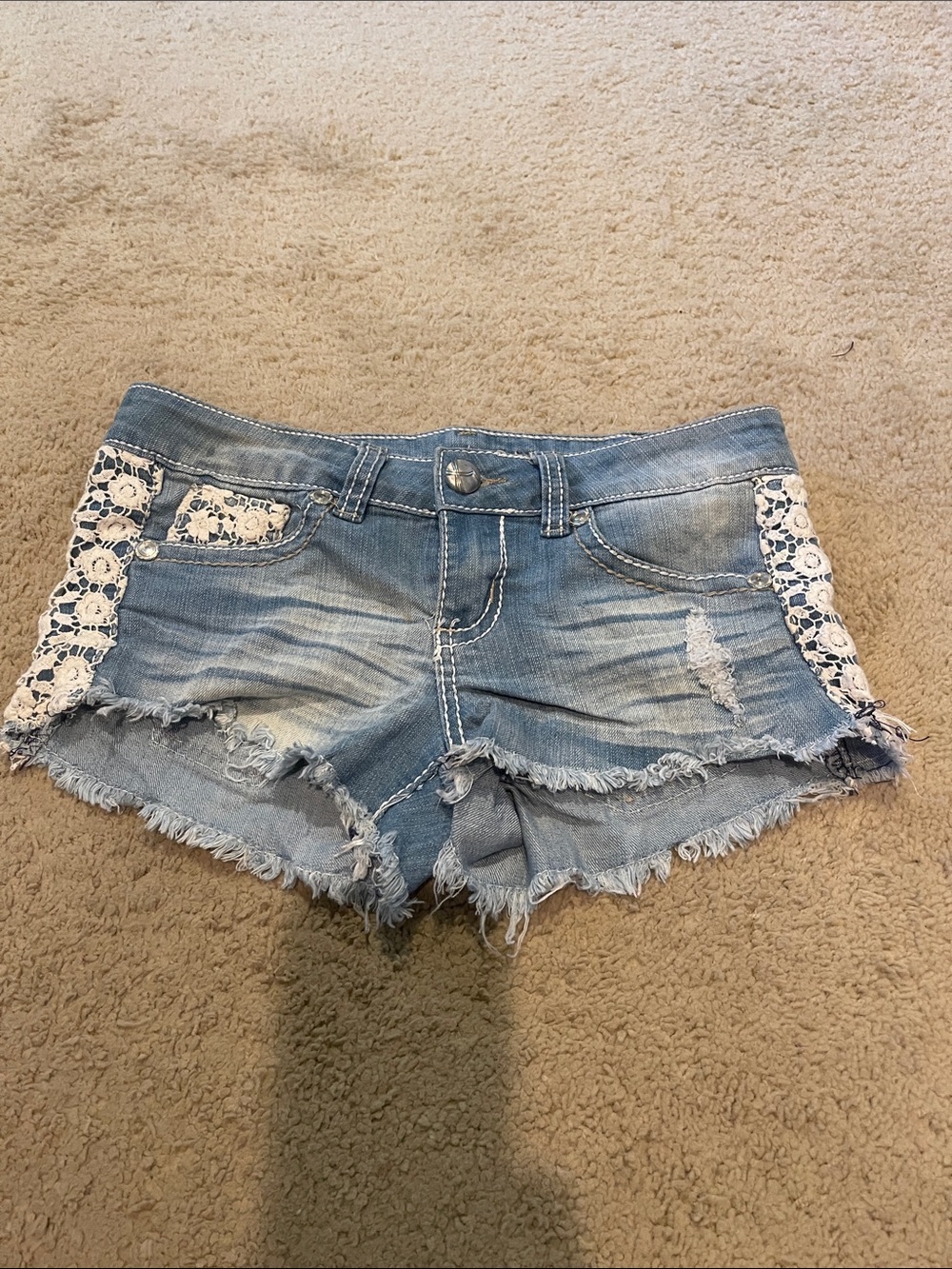 Almost Famous Light Blue Denim Shorts with White Lace Trim